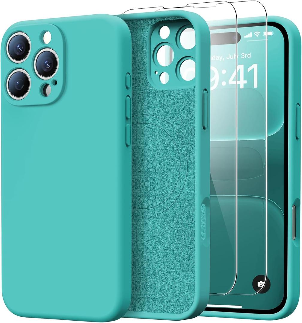 IPhone 16 Pro Max Case with 2 Screen Protectors - Compatible with Magsafe - Upgraded Camera Protection - Liquid Silicone Protective Phone Case 6.9" for Men, Women,Girls, Turquoise