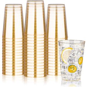 BESTVIP 12oz Gold Glitter Disposable Cups, 100 Pack Gold Plastic Cups, Heavy-duty Party Cocktail Glasses for Christmas, Plastic Cups for Party, Holiday, Wedding and Birthday