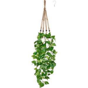 Mkono Fake Hanging Plant with Pot, Artificial Plants for Home Spring Decor Indoor Macrame Plant Hanger with Faux Vine Hanging Planter Greenery for Bedroom Bathroom Kitchen Office, Brown (Pothos)