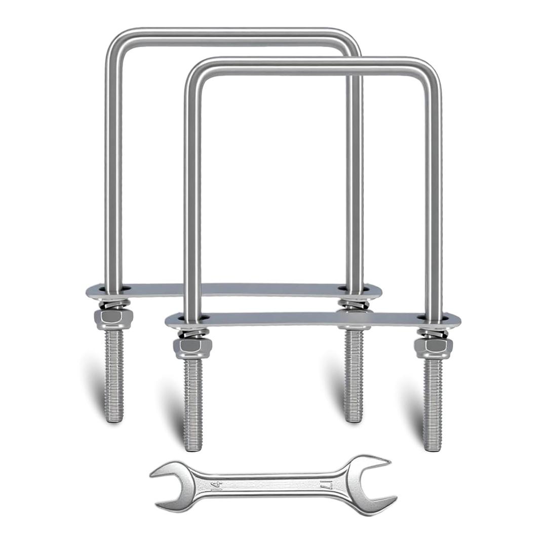 2 Sets Square U Bolts 4 inch Wide, Sunxer Tool Stainless Steel U Clamp with Nyloc Nuts Washers and Plates for Pipe Beam Trailer (M10 x 100mm x 180mm)