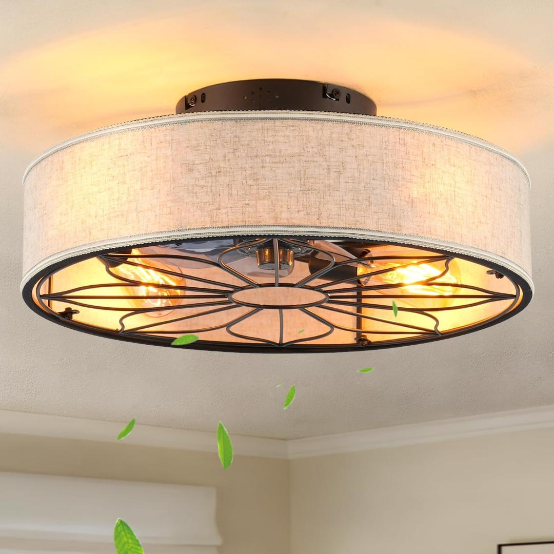 20" Flush Mount Caged Ceiling Fan With Light,Low Profile Fabric Farmhouse Bladeless Ceiling fan With Remote Control,Ceiling Fans with 6 Speeds Reversible Silent Fandalier for Bedroom