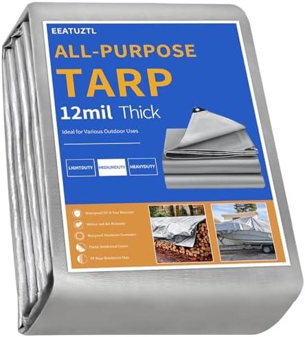 EEATUZTL Tarps Heavy Duty Waterproof 8x10FT,12 Mil Silver Waterproof Tarps for Outdoors with Grommets Reinforced Edges, UV Resistant, Tear&Fade Resistant, Small Cover for Under Tent Roof, 8 * 10FT