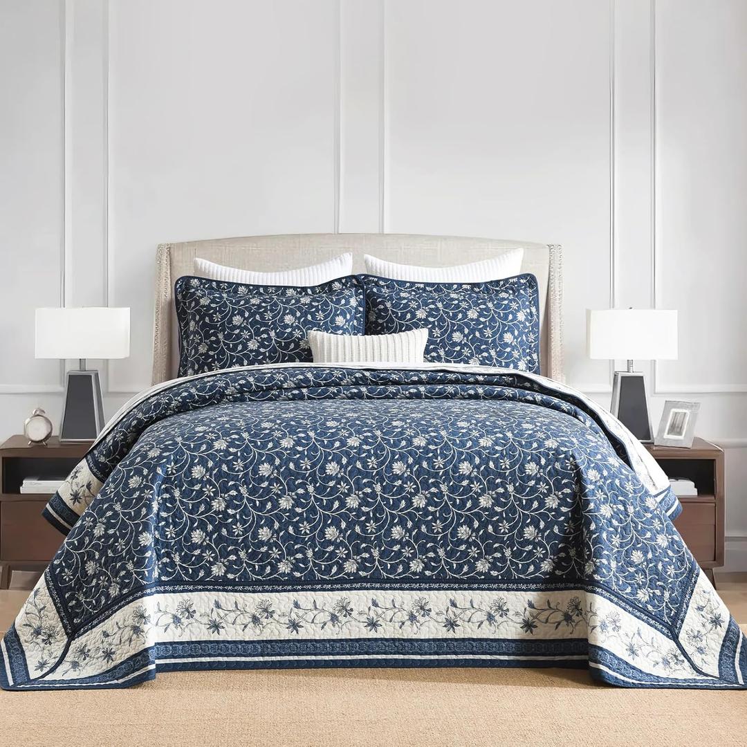 100% Cotton Oversized Quilt 128"x120", Extra Large Cal King Bedspread, Farmhouse Floral Botanical Bed Spreads Coverlet, Lightweight Quilted Bedding Cover, 3 Piece, Navy Blue/White