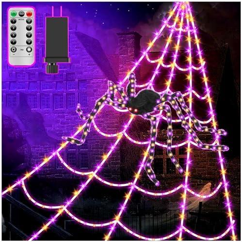LCHUANG Spider Webs Halloween Decor Lights - 450 LEDs Outdoor Halloween String Lights with 60" Light Up Spider,8 Modes Remote Control 16.4Ft Spiderweb, Waterproof (New Orange-Purple Grid Luminous Net)