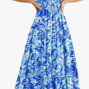 PRETTYGARDEN Women's Casual Summer Midi Dress Puffy Short Sleeve Square Neck Smocked Tiered Ruffle Dresses Small, Floral Blue
