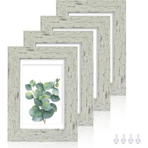 Hongkee 4x6 Picture Frame Set of 4, Made of Real Glass and Sage Green Wooden Frame, 4 by 6 Photo for Wall or Tabletop - Display Picture 3.5x5 with Mat or 4x6 Without Mat