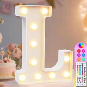 Pooqla Colorful Light Up Letters with Remote, Upgraded 35 Colors LED Marquee Letters, RGB Lighted Letter for Girls Teenager Gift, Birthday, Party, Wedding, Night Light, Room, Bedroom Decor, Letter L