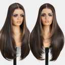 Synthetic Lace Front Wigs Pre Plucked 13x4 HD Lace 100% Futura Premium Highlight Brown Mix Black 26 Inch Long Layered Straight Wigs For Women Ready to Wear Wig With Bangs Beginner Friendly