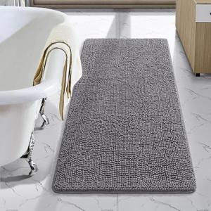 LOCHAS Luxury Bathroom Rug Shaggy Bath Mat 24 x 40 Inch, Washable Non Slip Bath Rugs for Bathroom Shower, Soft Plush Chenille Absorbent Carpets Mats, Gray (Grey)