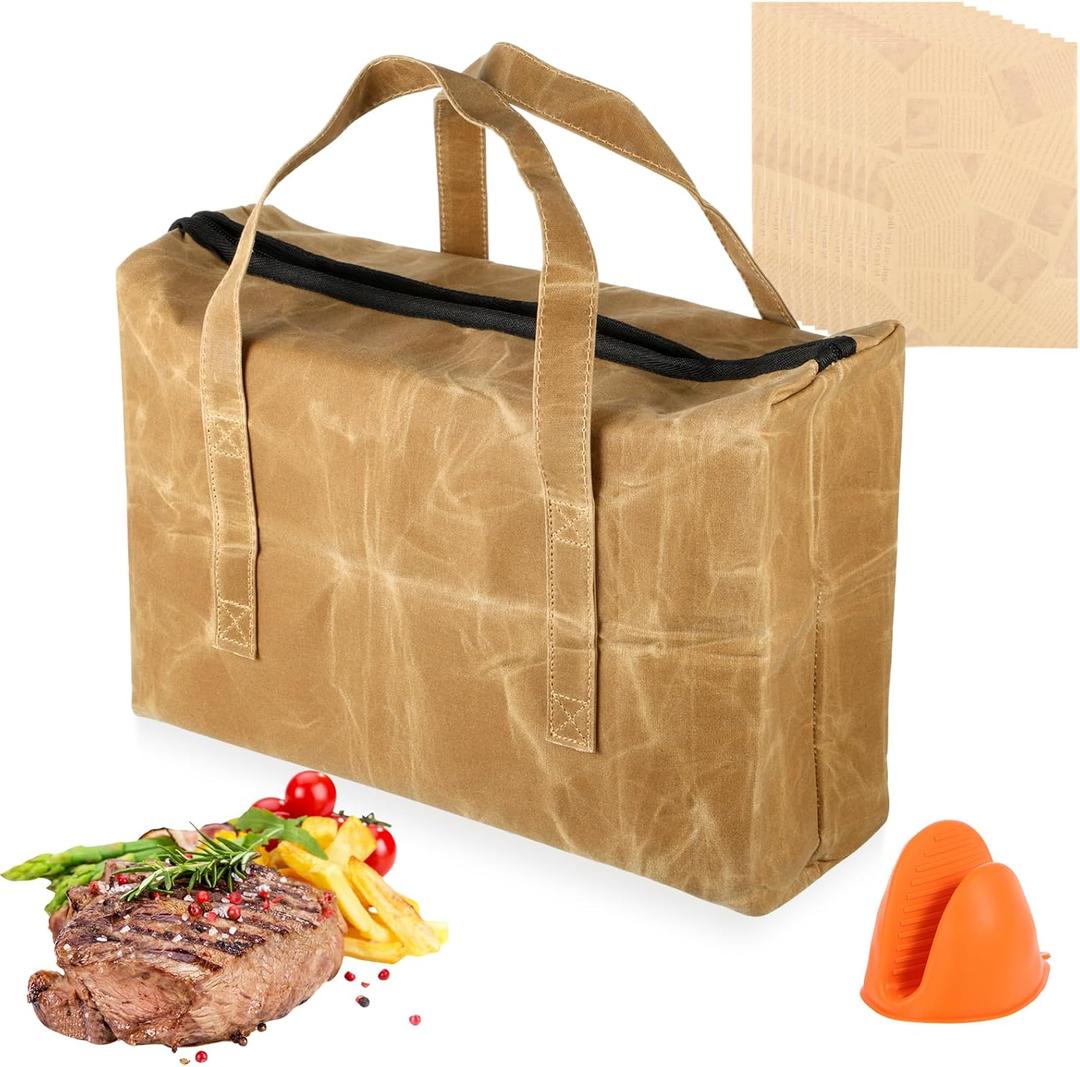 BBQ Blanket for Resting Meat, Large Waxed Canvas BBQ Rest Bag Reusable Insulated Smoker Meat Resting Blanket Handbag with 10 Grill Paper 1 Silicone Glove for Briskets Pork Shoulders Turkeys (21inch)