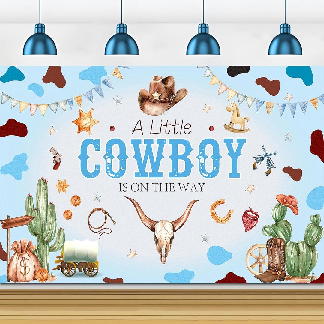 Cowboy Baby Shower Backdrops A Little Cowboy is On The Way for Boy Blue Wild West Theme Baby Shower Western Vintage Rodeo Ranch Cow Party Decorations70.8in*43.3in