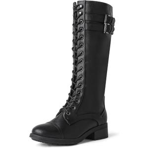 DREAM PAIRS Women's Pu Knee High Riding Combat Boots (10, Georgia-Black)