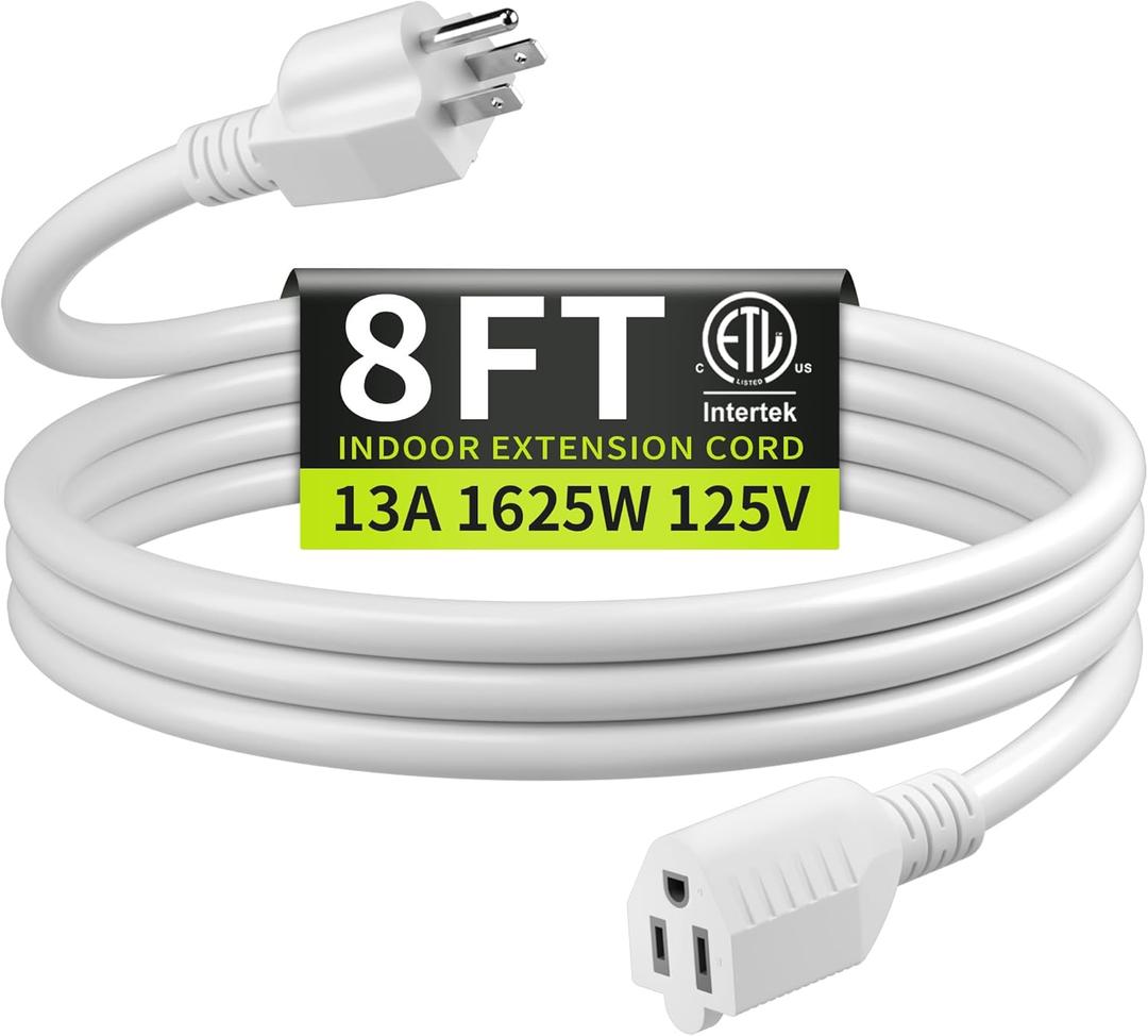 16/3 White Extension Cord 8 FT, Indoor Extension Cord for Laptops, Coffee Makers, Office Home Appliances, 3 Prong Resistant Cable Flexible, 13A 125V 1625W ETL Listed