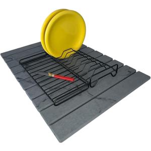 Stone Drying Mat + Foldable Black Metal Dish Rack Complete 2-Tier Kitchen Drying System Ultra Absorbent Dark Gray Mat for Plates, Glasses & Cutlery Modern & Hygienic Counter Organizer - 24"x16"