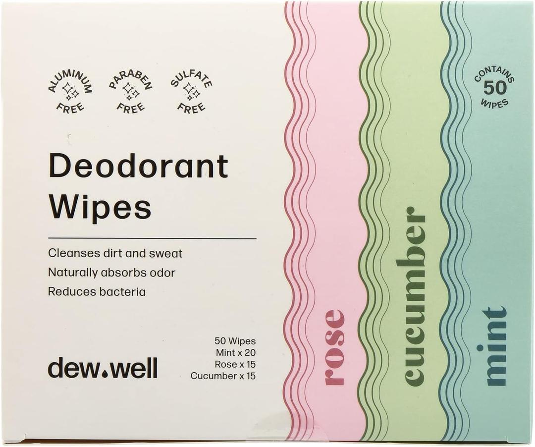 Dew Well - Refresh Deodorant Wipes - A Fresh Start When You’re On the Go - Aluminum, Paraben, and Sulfate Free - Variety Pack (Mint, Rose, and Cucumber) - 50 Individually Wrapped Wipes