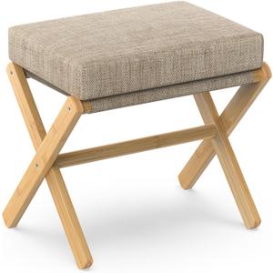 Foldable Foot Stool Ottoman, Modern Foot Rest with Bamboo X Legs & Thick Foam Cushion, Folding Foot Stools Small Padded for Bedroom Living Room, Makeup Vanity Stool Chair (Natural - Brown)