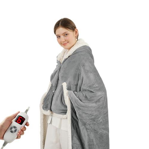 COZYTY Heated Blanket Wearable Shaw - Electric Wrap Poncho Heated Throw Blanket with Hand Pockets, 50 * 64", 6 Heating Levels & 1-4H Timer, Ideal for Family, Light Grey