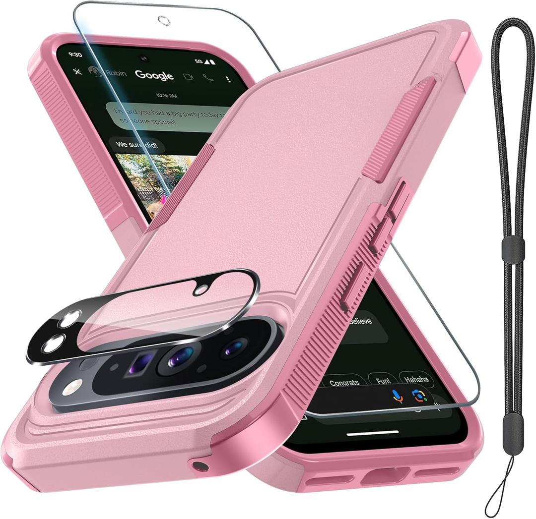Google Pixel 10 Pro XL Case with Wrist Lanyard Strap+Tempered Glass Screen Protector+Camera Lens Cover,Full Body Heavy Duty Rugged Shockproof Protective Phone Cover,Cute Pink