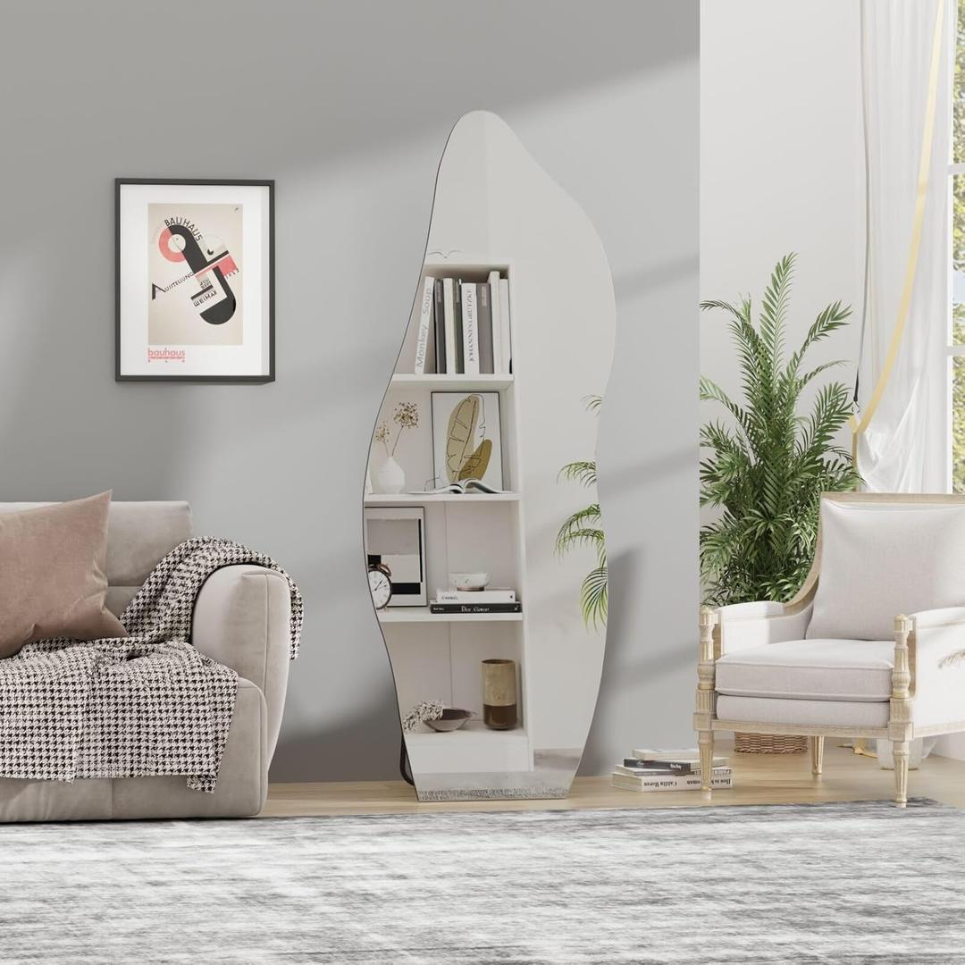 QDSSDECO Full Length Mirror with Stand 63"x24" Irregular Wall Mirror Wave Frameless for Living Room Bathroom Bedroom Entryway Decor (Cloud With Bracket)