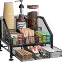 SWTYMIKI Coffee Bar Organizer for Countertop  Space-Saving Kcup Organizer with Drawer and Tiered Shelves, Countertop Coffee Station for Pods, Sugar, Syrup, Cups, Stirrers, Mesh Condiment Storage