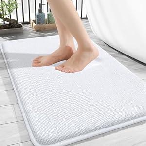 OLANLY Thick Memory Foam Bath Mat Rug 47x17, Extra Soft Absorbent Bathroom Rug, Quick Dry Bath Mats, Non-Slip, Machine Washable Carpet for Bathroom, Tub and Shower, Home Decor Accessories, White