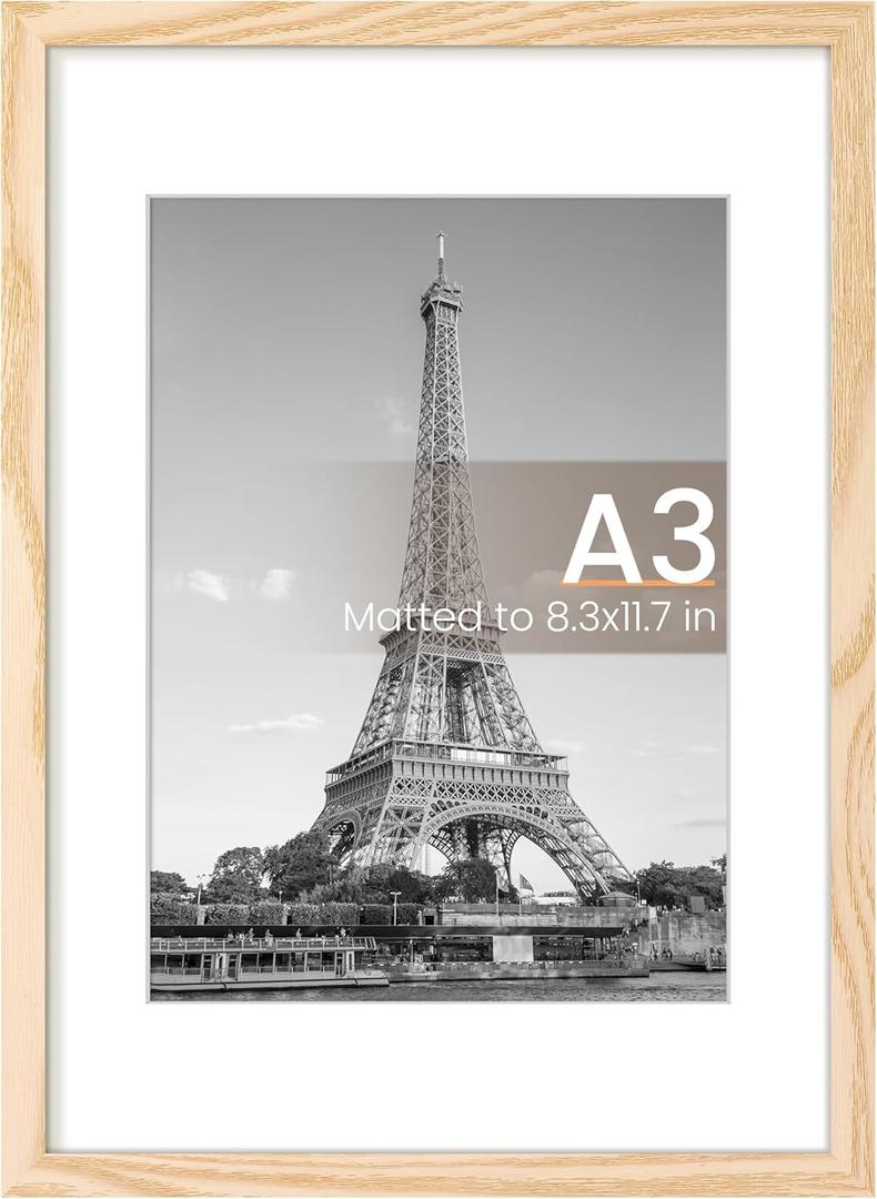 upsimples A3 Picture Frame, Display Pictures 8.3x11.7 with Mat or 11.7 x 16.5 Without, Wall Hanging Poster Frames, Natural, 1 Pack