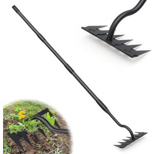 Manual Weeder Tool,6 Tines Garden Weeding Rake with Sharp Blade,55 Inch Long Handle,Heavy Duty Stand Weeding Tool for Weeding Loosening Soil Gathering Leaf Leveling Thatch Rake