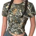 Girl's Short Sleeve Camo T Shirt Crewneck Slim Fit Crop Tops Casual Graphic Tee (Army Green, 13Y)