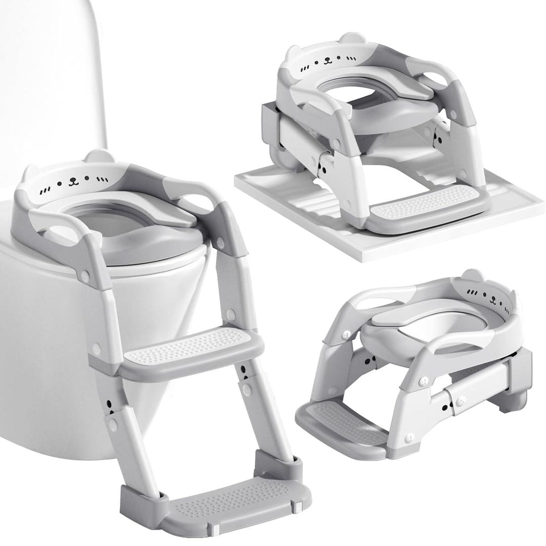 3-in-1 Baby Potty Training Seat with 2 Step Ladder, Splash Guard Anti-Slip Pad, Height Adjustable Toddler Toilet Seat with Soft Cushion for Kids Boys Girls(Grey)
