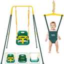 FUNLIO 2 in 1 Swing Set for Toddler & Baby Jumper, Heavy Duty Kids Swing & Bouncer with 4 Sandbags, Foldable Metal Stand for Indoor/Outdoor Play, Easy to Assemble and Store - Green