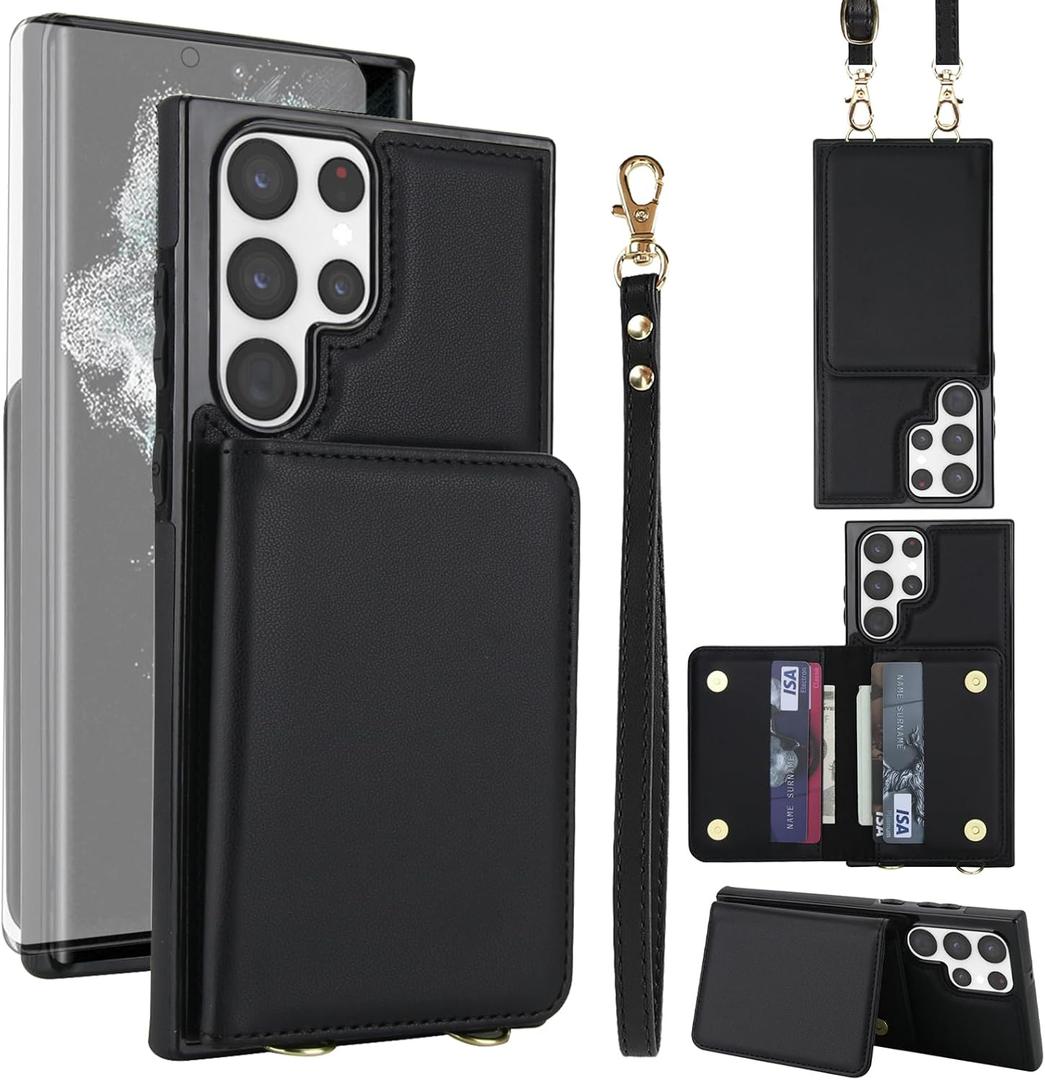 Asuwish Phone Case for Samsung Galaxy S23 Ultra 5G Wallet Cell Cover with Tempered Glass Screen Protector Wrist Crossbody Strap RFID Blocking Card Holder S23Ultra 23S S 23 23Ultra 6.8 inch Women Black