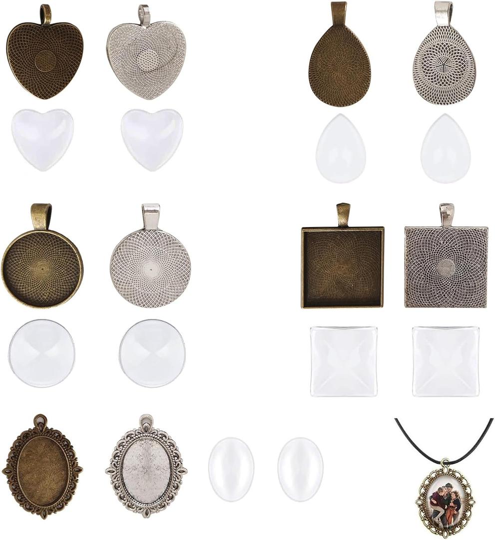 20Pcs Pendant Trays Kit Bezel Blanks with Glass Cabochons for Jewelry Making DIY Pendants Blank Bezels Tray Set Cabochon Pendant Making Supplies Crafting Accessories for Handmade Jewelry