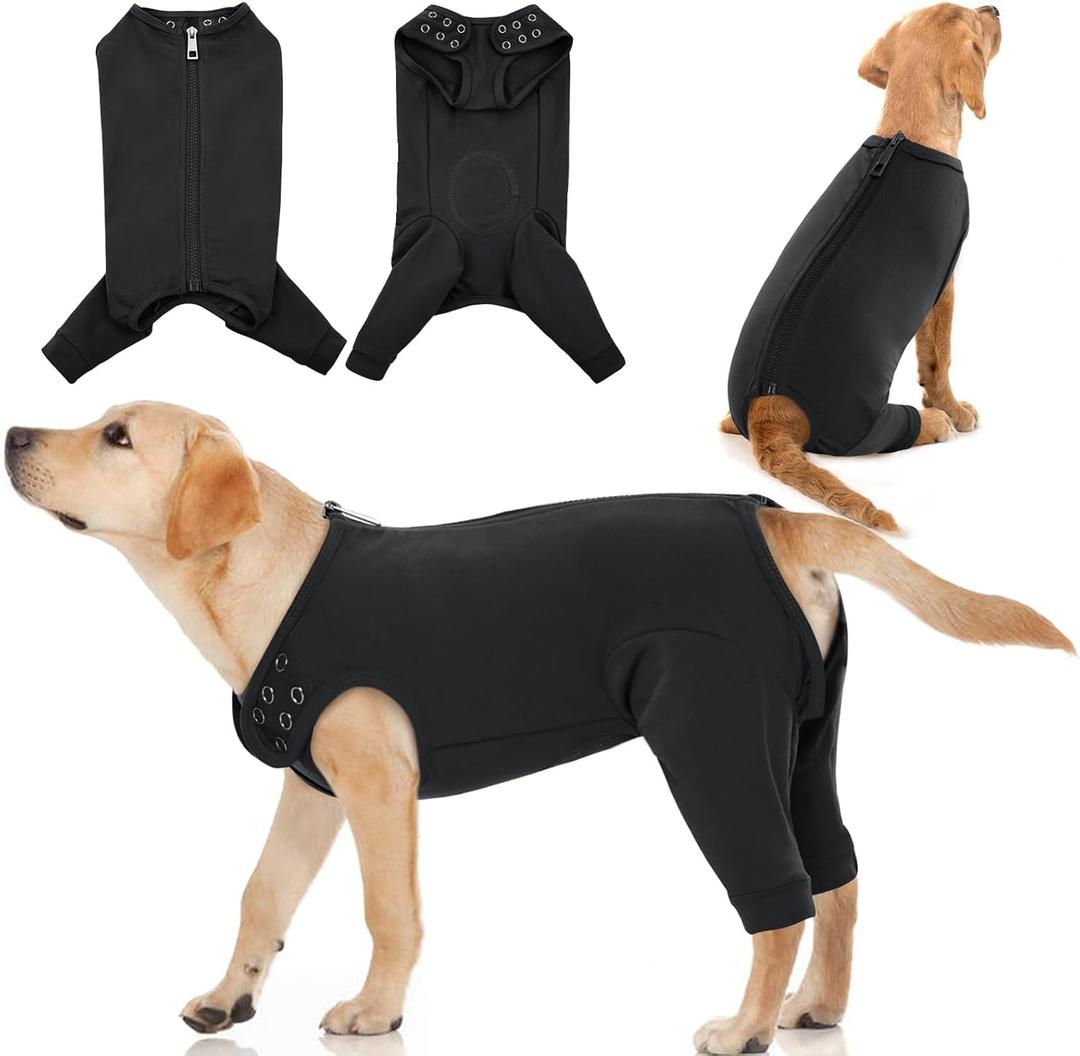 IDOMIK Dog Recovery Suit,Thigh Wound Protective Sleeve for Dogs,Anti Licking Dog Rear Leg Sleeve,Male Female Dog Surgical Clothes,Dog Surgical Suit with Pants Cover,Cone Collar Alternative,Black,3XL (3XL(Chest Girth:37.8"))
