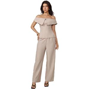 SOLY HUX Women's 2 Piece Cocktail Party Outfit Elegant Off The Shoulder Top and Wide Leg Pants Set (Large, Plain Khaki)