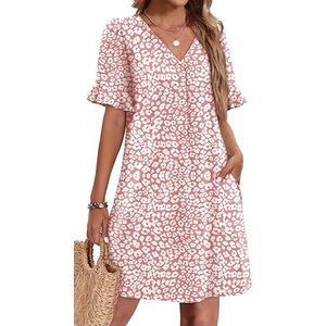 OFEEFAN Summer Dresses for Women Ruffle Short Sleeve V Neck Casual Shift Dress with Pockets (Large)