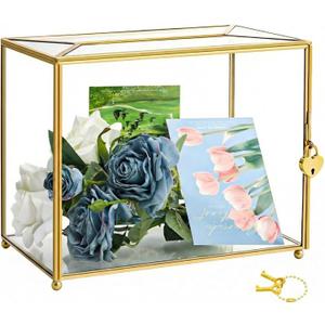 Glass Wedding Card Box with Lock and Slot, Large Gold Clear Card Box for Wedding Reception, Decorative Envelope Gift Box for Baby Shower, Birthday, Graduation, Anniversary, Bridal Shower