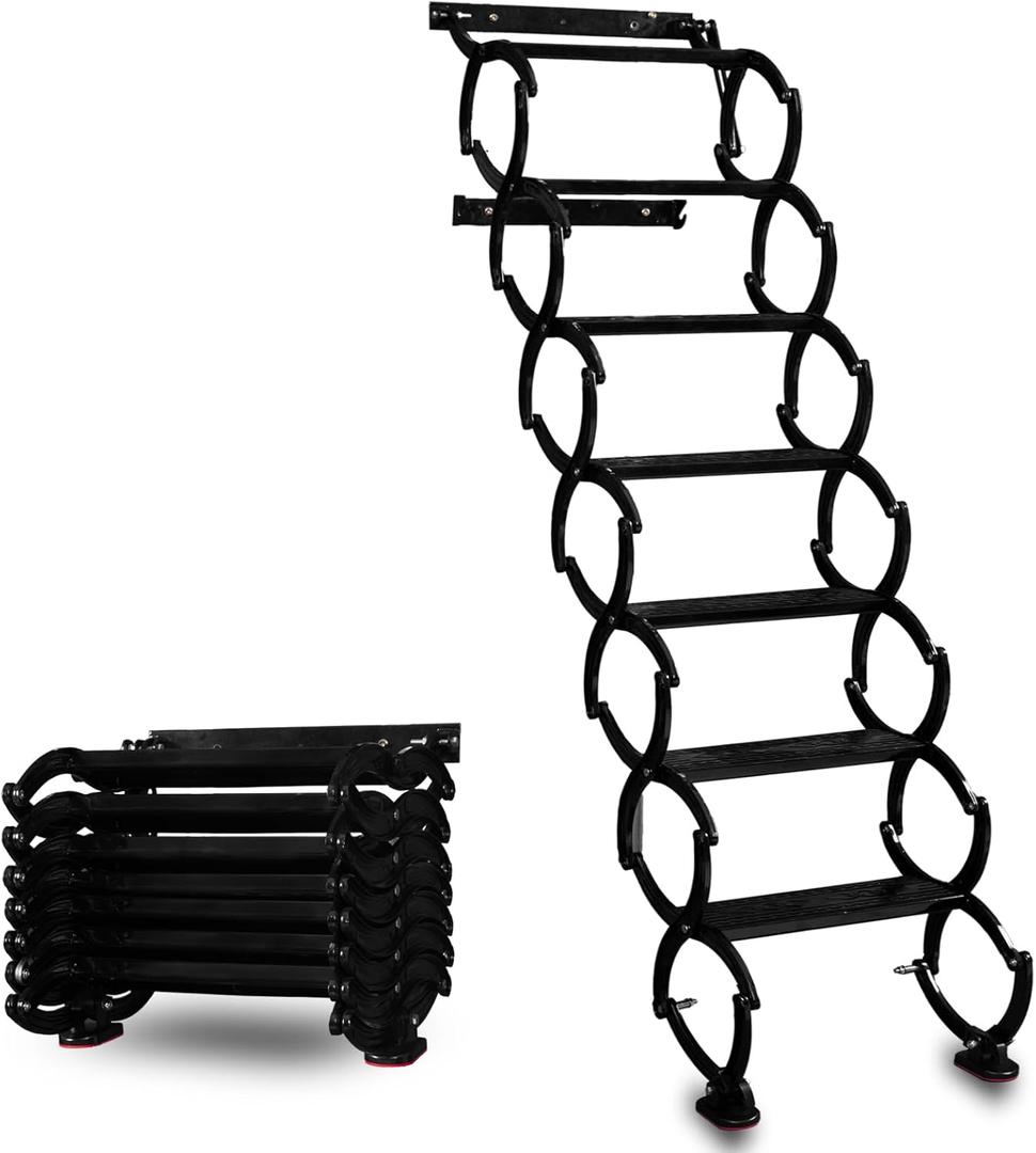 7 Steps Wall Mounted Folding Ladder, Indoor and Outdoor Step Ladders, Retractable Folding Stairs, Portable Camping Staircase, Pull-Down System Attic Ladder, for RV, Storehouse(Black, 7 Steps)
