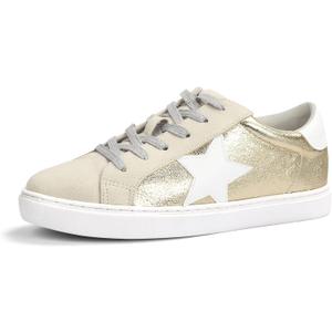 PARTY Women's Fashion Sneaker Lace Up Low Top Comfortable Cushioned Walking Shoes, Podcast, Gold Met, 8.5