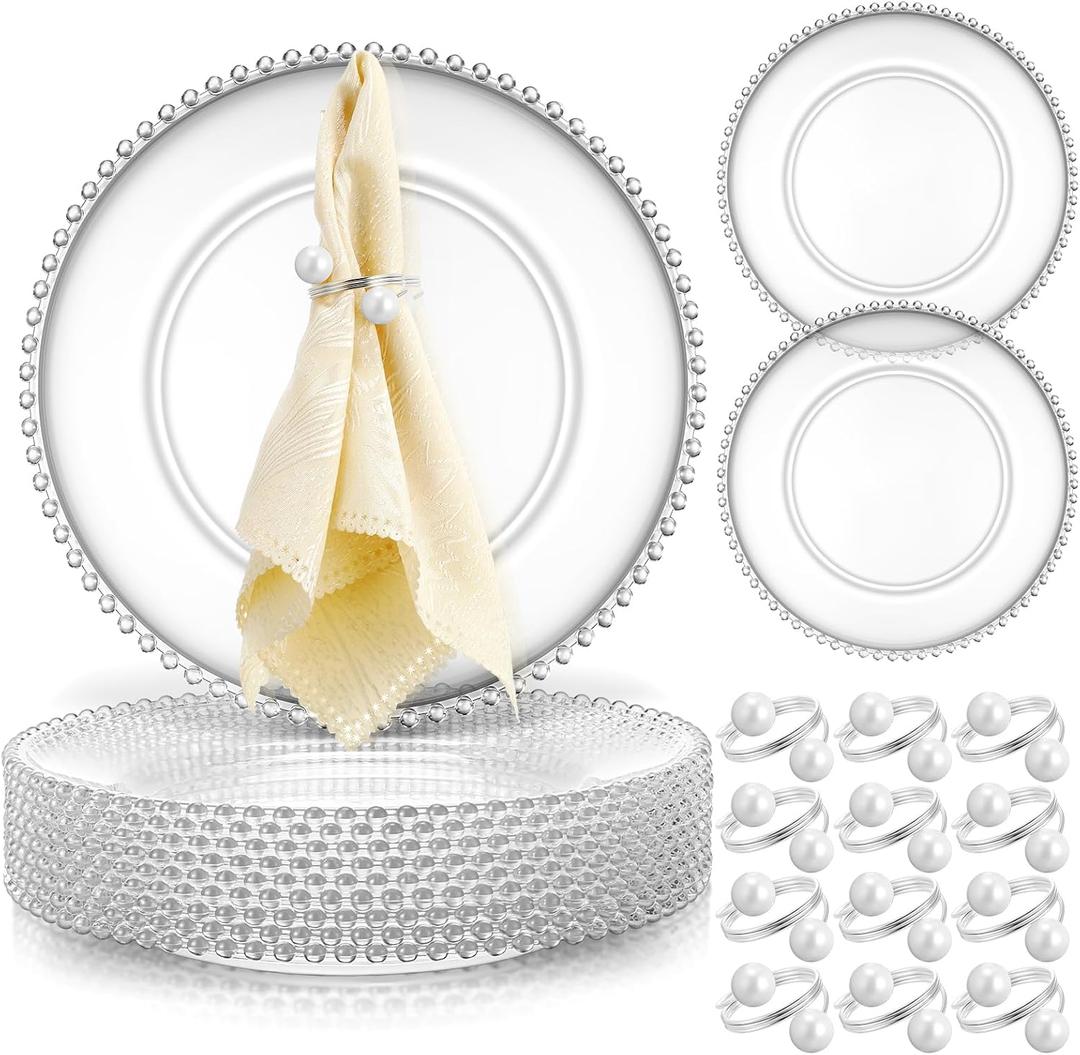 Tioncy 12 Set Clear Charger Plates Bulk Beaded Plastic Charger Plates 13 Inch, Napkin Rings, Acrylic Round Dinner Table Decorative Plate for Wedding Party Event (Clear and Silver)