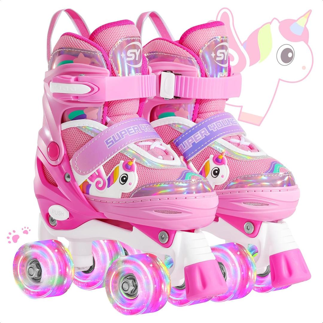 SUPER YOUNGSTER Adjustable Light Up Kids Unicorn Roller Skates for Girls Ages 4-6 5-8 8-12, Toddlers Beginner Cat RollerSkates (Medium-Big Kid (13C-3 US), Pink)