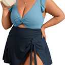 Charmo Plus Size Bathing Suit Women Cute Tie Swim Dress High Waisted Swimsuits Tummy Control Swimwear Blue Splicing 3X