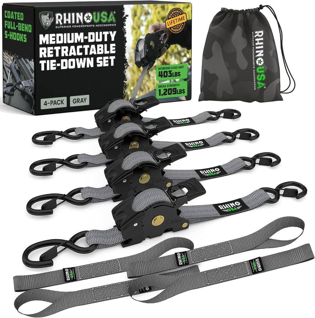 Rhino USA Retractable Ratchet Straps (4-Pack) - 1 Inch x 10 Feet (1,209lb Break Strength) - Auto Self Retracting Tie Down Straps for Truck, Cargo Trailer, Motorcycle, ATV, UTV - Gray