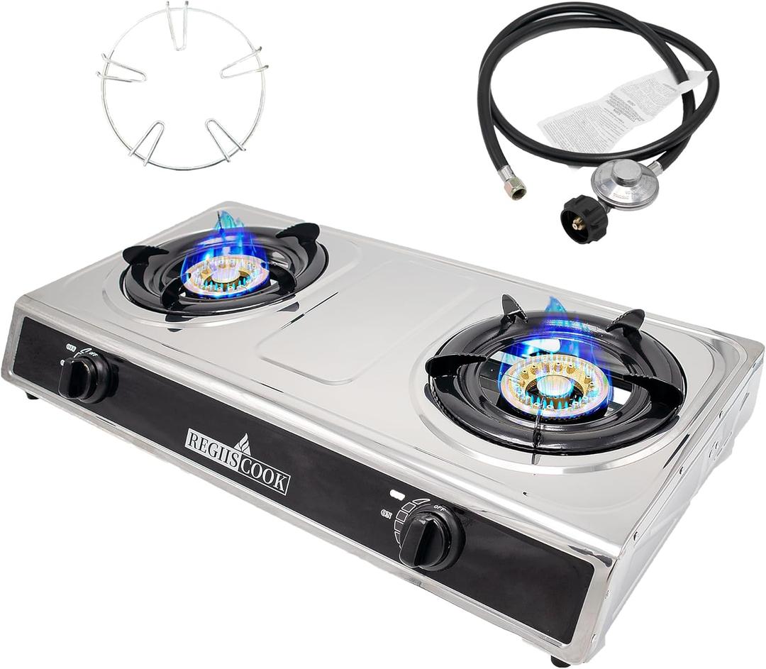 Double Burner Propane Gas Cooktop,Camping Portable LPG Gas Stove, Auto Ignition Stainless Steel Countertop With Regulator And Gurner Grate