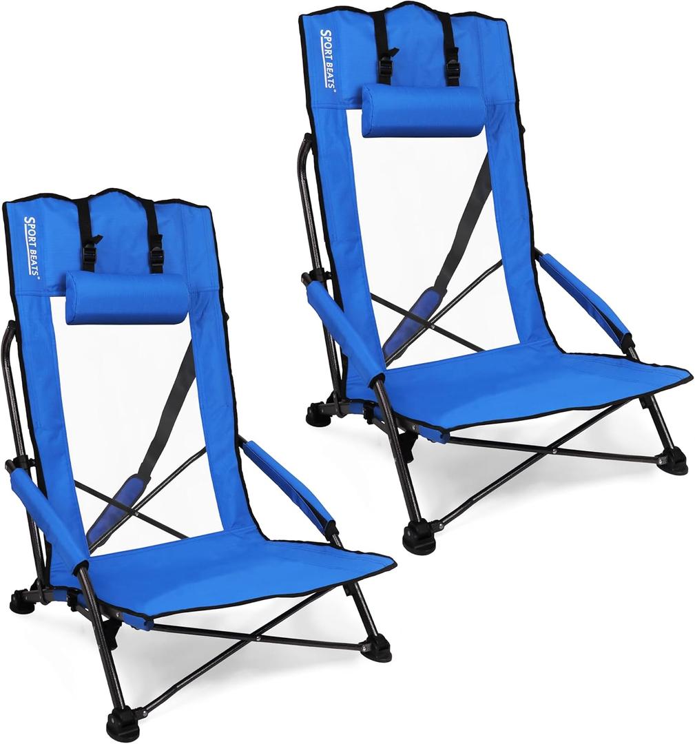 SPORT BEATS Low Beach Chairs Set of 2 Folding Beach Chairs High Back Support with Head Pillows Shoulder Straps (Blue)