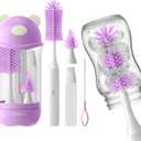 Electric Bottle Brush Cleaner Set, Bear-Shaped Travel Baby Bottle Cleaner Kit with Silicone Nipple & Straw Brush, Soap Dispenser, Drainage Rack, Storage Box (Purple)