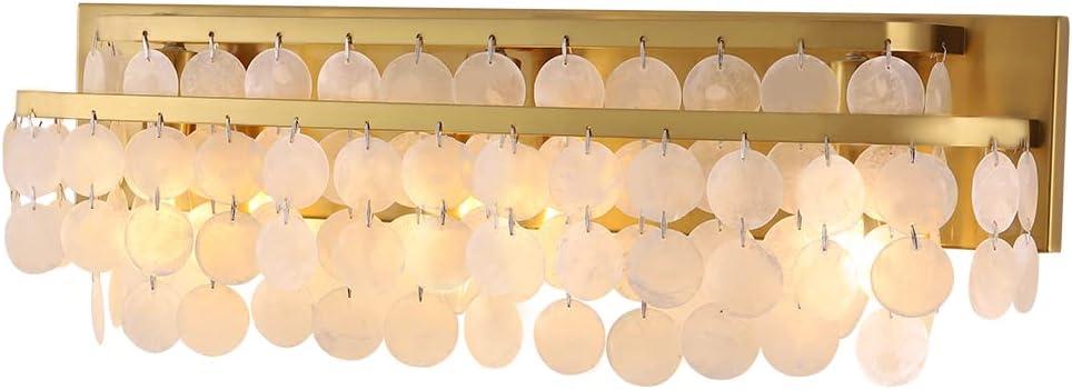 TOCHIC 3 Lights Vanity Light with Natural Capiz Shell Shade, Brushed Gold Bathroom Dimmable Vanity Light, Modern Wall Lighting Fixture for Mirror Cabinets, Powder Room, Bedroom, Living Room, 23W