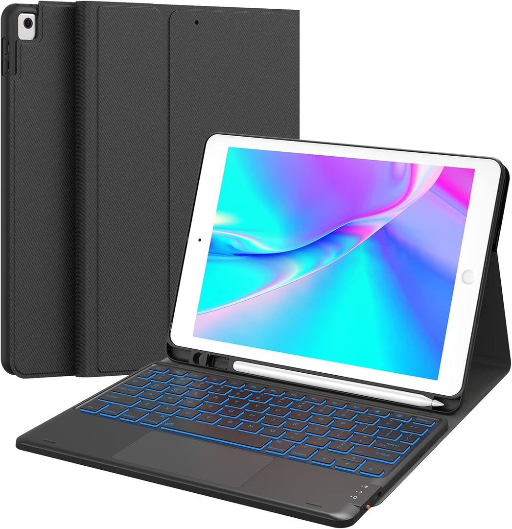 CHESONA for iPad 9th Generation Case with Keyboard, 7 Color Backlit, Multi-Touch Trackpad, Built-in Pencil Holder, 2 Wireless Channels, Flip Stand Keyboard Case for iPad 9th/8th/7th Gen 10.2 Black