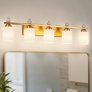 BNHHLZ White Glass Bathroom Vanity Light 5 Light Mid Century Black Bathroom Lighting Fixtures Over Mirror Modern Vanity Lighting Wall Mount for Bathroom Mirror Hallway(Bulbs Not Included)