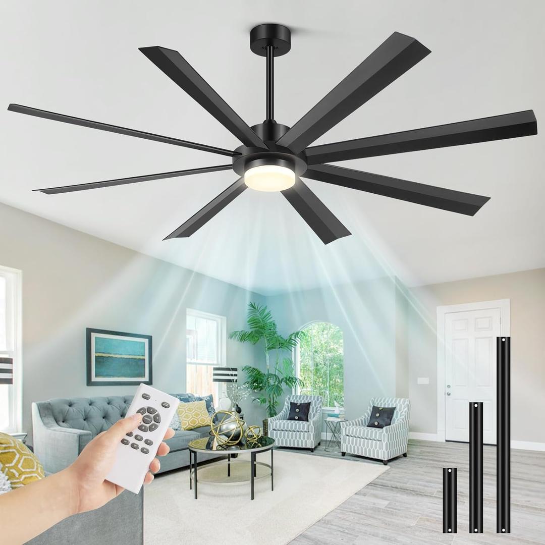 72 Inch Ceiling Fans with Lights and Remote, Large Ceiling Fan Light Outdoor, USA Original Patent, 3 Downrods, 8 ABS Blades and 6 Speed Black Industrial Fan Reversible Quiet DC Motor for Patio Indoor