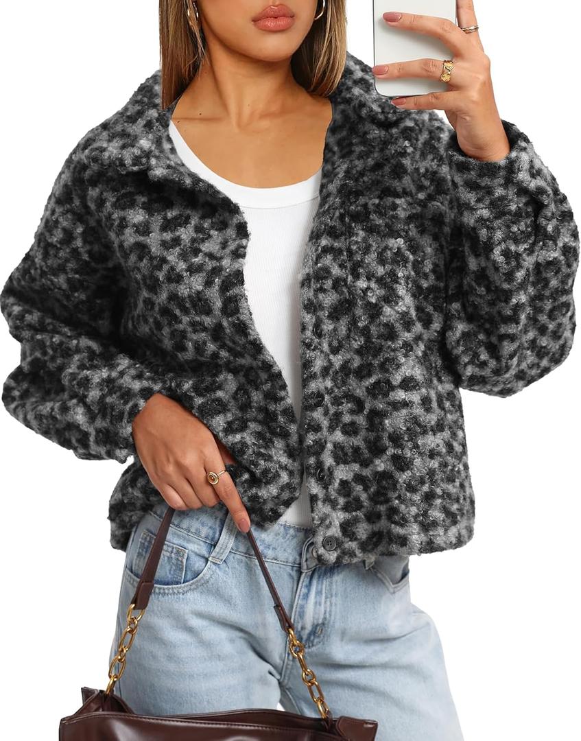 Darong Women's Cropped Fuzzy Fleece Jacket Shacket Button Down Plaid Leopard Jackets Warm Winter Soft Cozy Coat (Large)